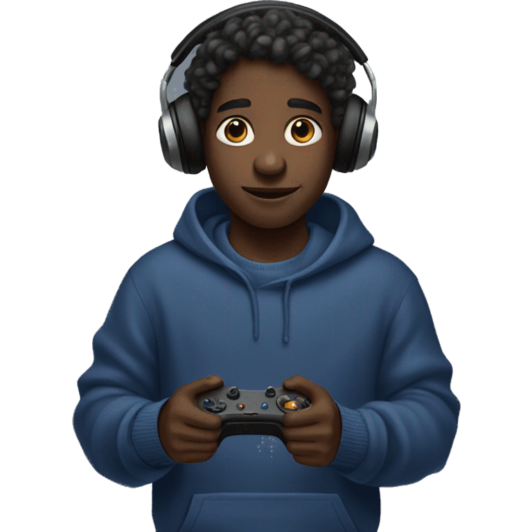 A black boy with long locks holding a game controller. He is wearing and indigo sweater and headphones. emoji