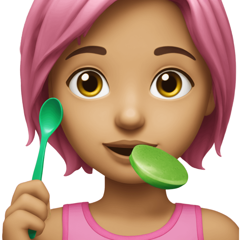 a girl touching her pink lunchbox with green spoon bob haired girl  emoji