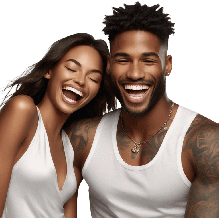 Photo of Victoria secret model laughing with a tattooed male model  emoji