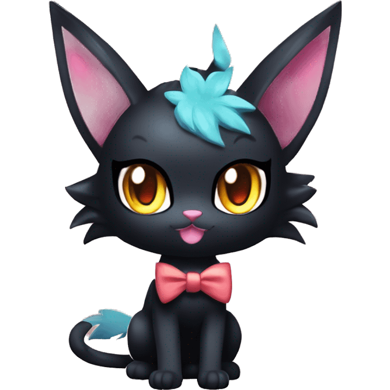 Shiny Dark Cool Edgy Black beautiful ethereal fantasy Kawaii Sona Litten-Fakemon-cat-animal with edgy bat-ears bow tie black emo-mane vtuber model Full Body emoji