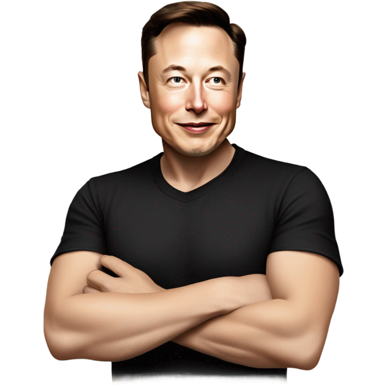 A cartoon-style illustration of Elon Musk with a confident smirk, wearing his signature black t-shirt, pointing downward. His facial expression should convey a mix of enthusiasm and playful authority.  emoji