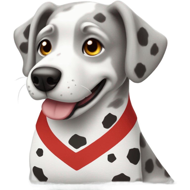 Grey and white spotted dog playing chiefs football emoji