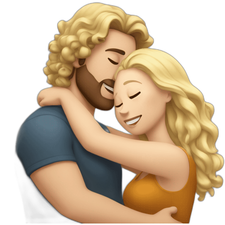 White Man with long dark curly hair hugging a blonde curvy woman emoji