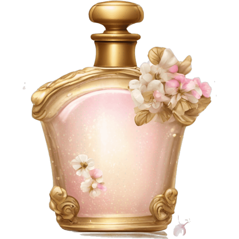 Vintage perfume bottle in antique Greek style, white, pink and beige, oil perfume inside, sequins and flowers fluttering around emoji