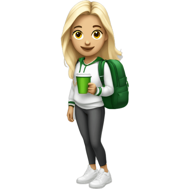 21 year old white blonde trendy athleisure girl with white sweatshirt with a school bag, headphones holding a green coffee emoji