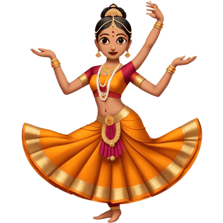 Cinematic Realistic Bharatanatyam Dance Emoji, depicted as an elegant classical Indian dance performance with graceful poses, intricate costumes, and expressive hand gestures, rendered with rich textures and warm dramatic lighting that captures its timeless beauty. emoji