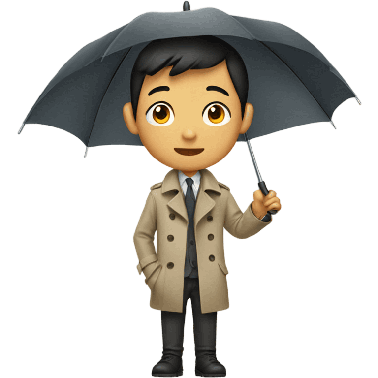 Asian boy wearing a trench coat holding umbrella emoji