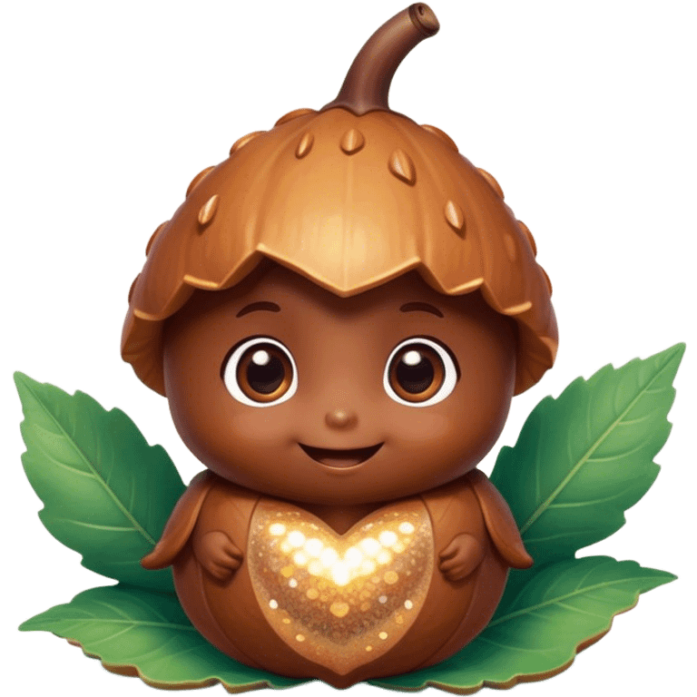 Cinematic tiny happy acorn, glossy brown, soft glowing highlights, tiny adorable face with big sparkly eyes, sitting on a pastel leaf, warm and cheerful. emoji