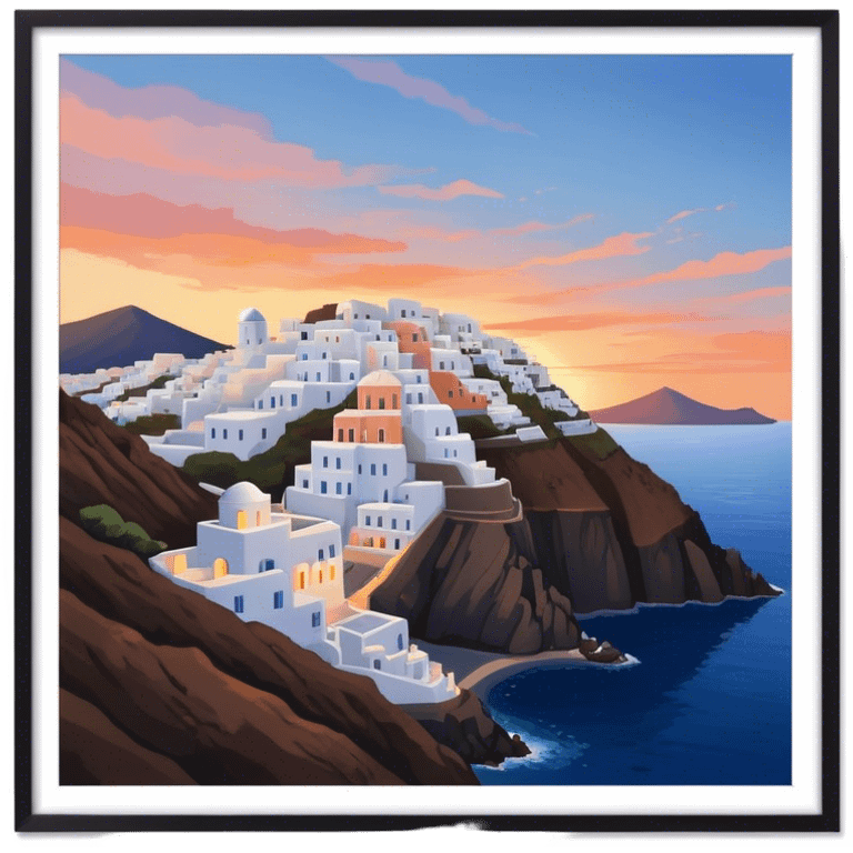 Cinematic Realistic Santorini Caldera Landmark Emoji, featuring white-washed buildings perched on volcanic cliffs, overlooking the deep blue Aegean Sea, with warm sunset hues illuminating the sky and reflecting off the water. emoji