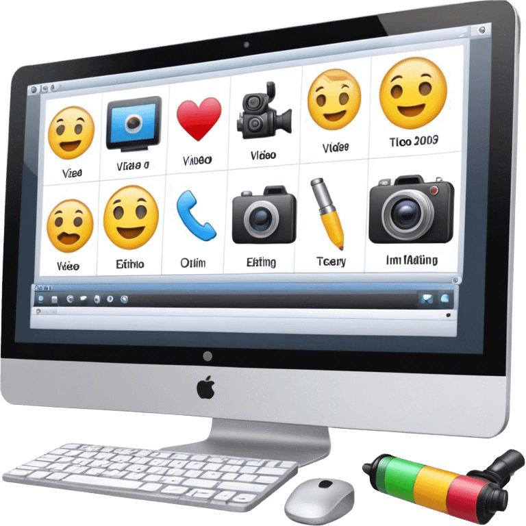 Create an emoji of video editing. Should feature a video editing timeline or interface on a computer screen, showing clips and a playhead. Include a video camera and editing tools. No fucking smiley faces. Make the background transparent. emoji