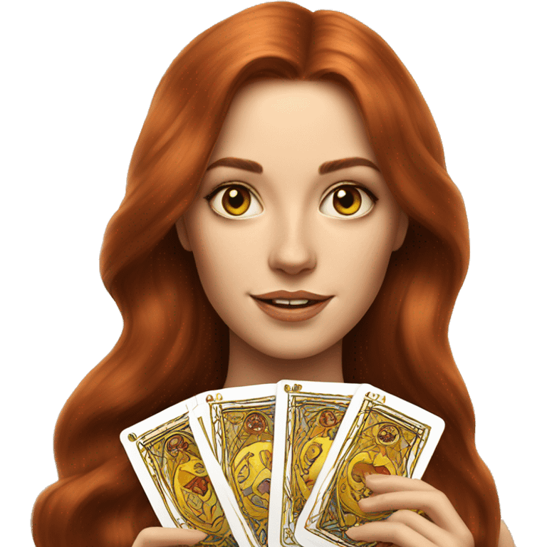 auburn hair beautiful girl with tarot gold cards emoji