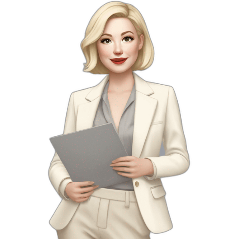 pale skin woman with ash blonde Straightened bob Hair, White Spacious classical jacket, beige palazzo Arrow pants and gray blouse holding a color palette in the hands emoji