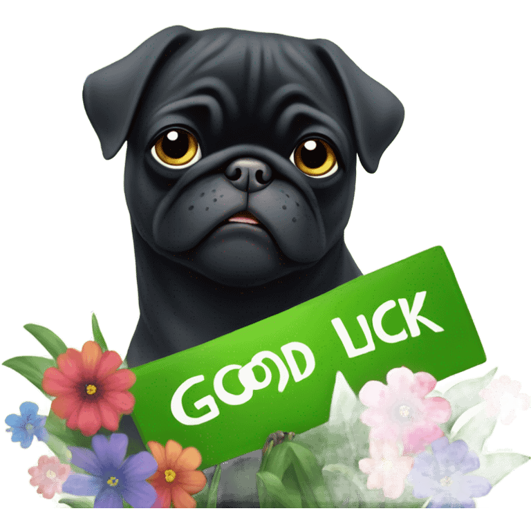 Black pug , surrounded by flowers, holding a green sign that says “good luck”  emoji