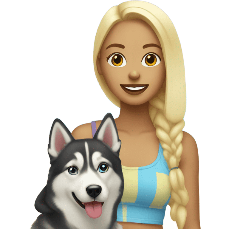 blonde girl at beach with Husky  emoji