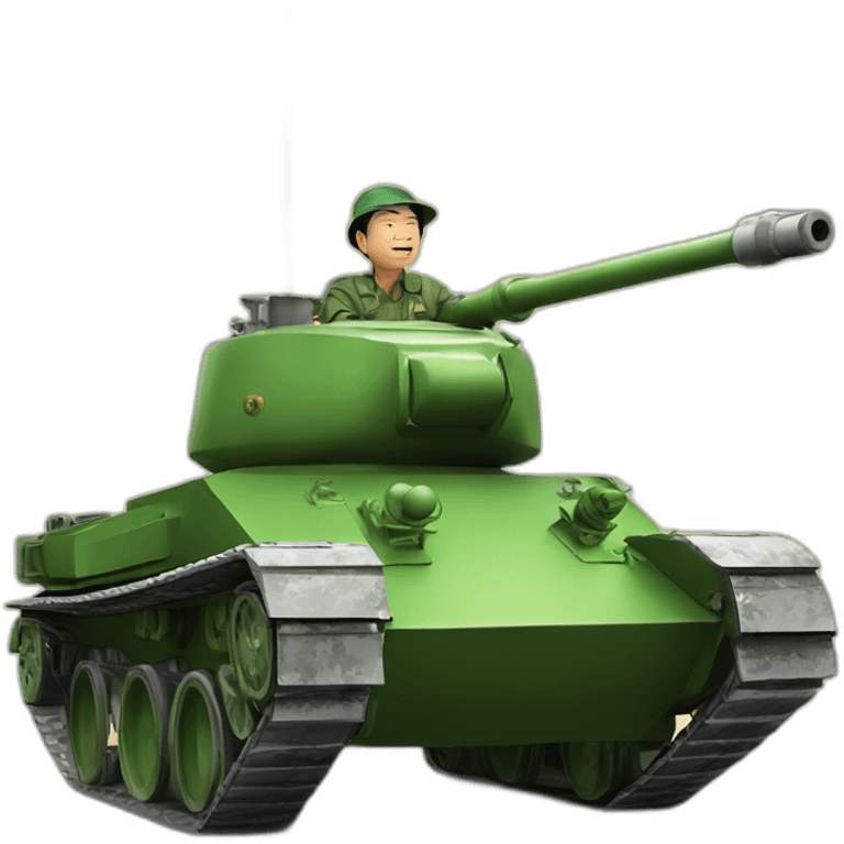 A Chinese man in a Chinese hat rides a green T-34 tank emoji