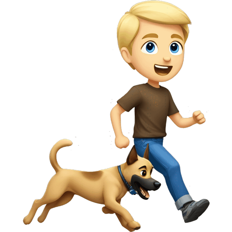 blond boy with blue eyes running with his malinois dog emoji