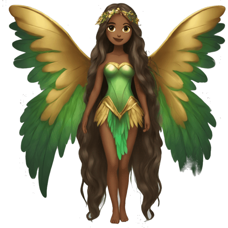 big wings, Beautiful, fairy, gold, brown, dark green, green, long hair emoji