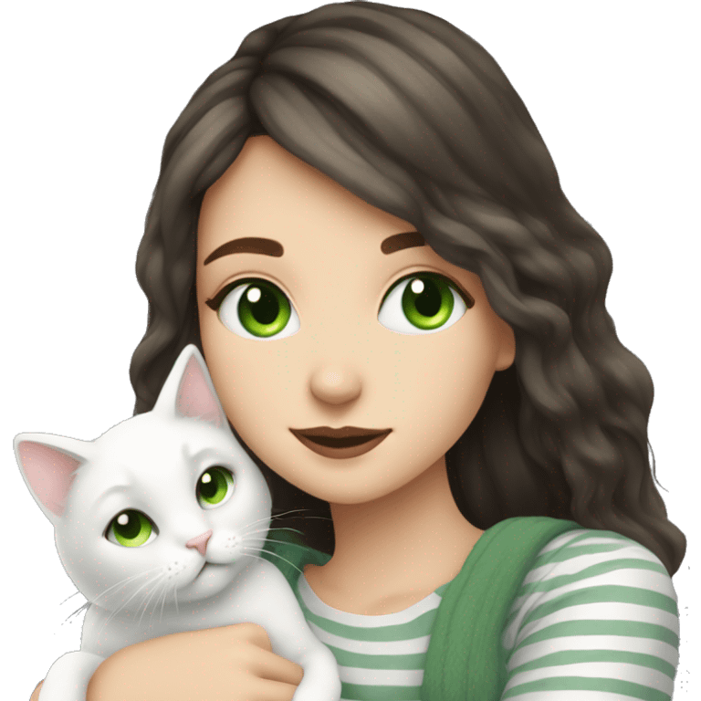 brunette girl with green eyes snuggling fluffy white cat with grey stripes emoji