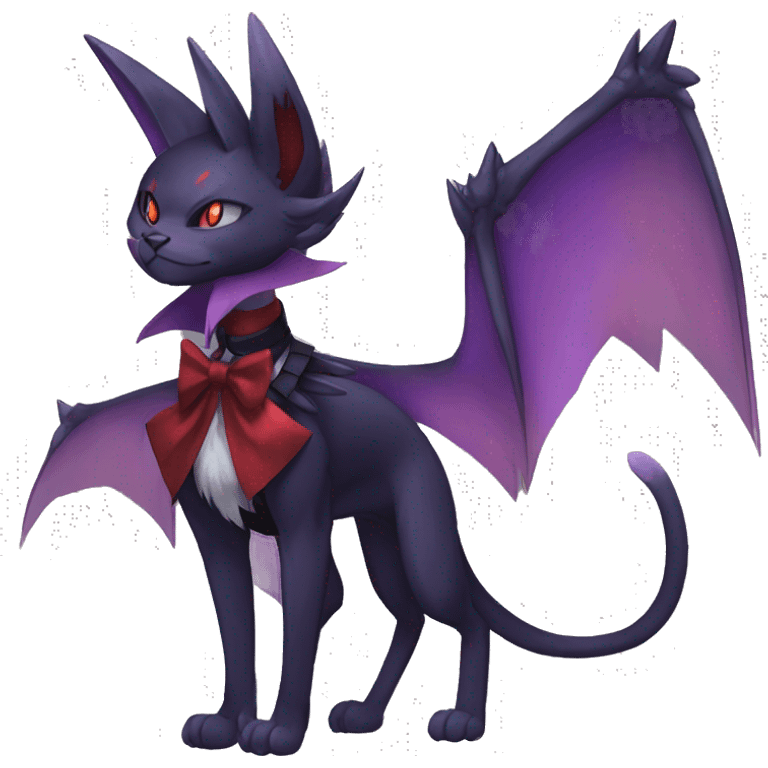 cool anthro evil black purple red ethereal fantasy nargacuga-Noivern-cat-Fakemon collar harness bow tie and bracers full body emoji