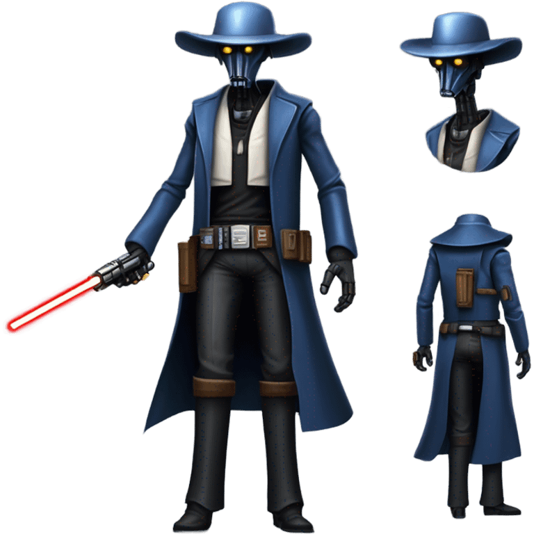 friendly frantic bounty hunter tarnished undercover tough well-equipped Jedi life-sized darkblue-pearl battle droid leather vest clothing pants and vest old west duster coat holding light saber sheriff holstered gun hat floating emoji