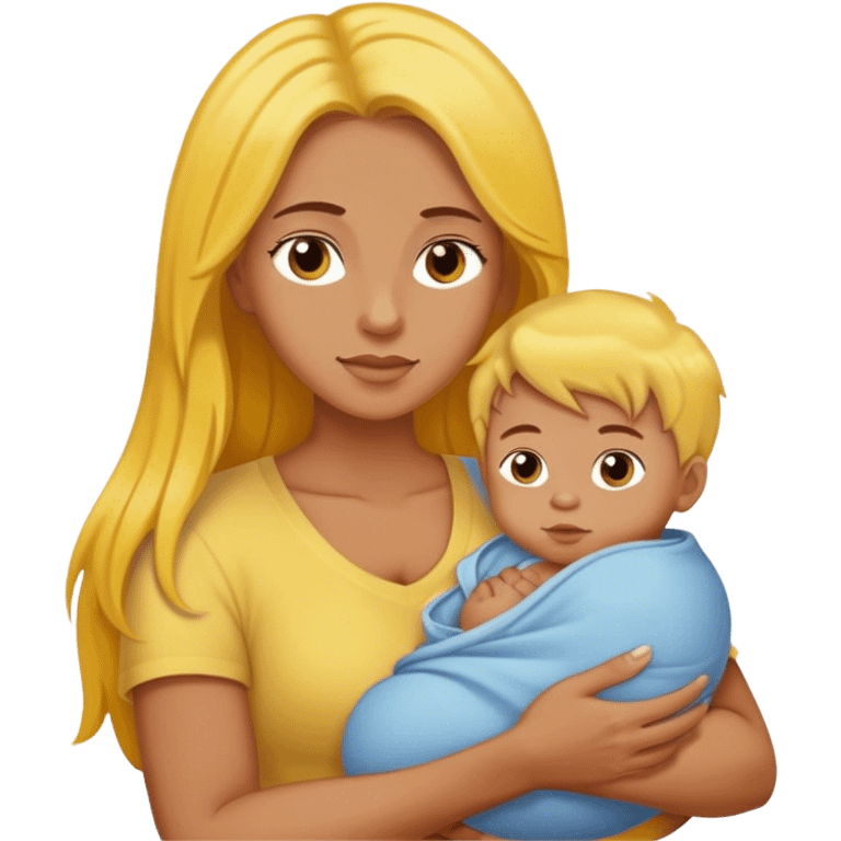 mom with long brown hair holding boy baby with yellow hair emoji