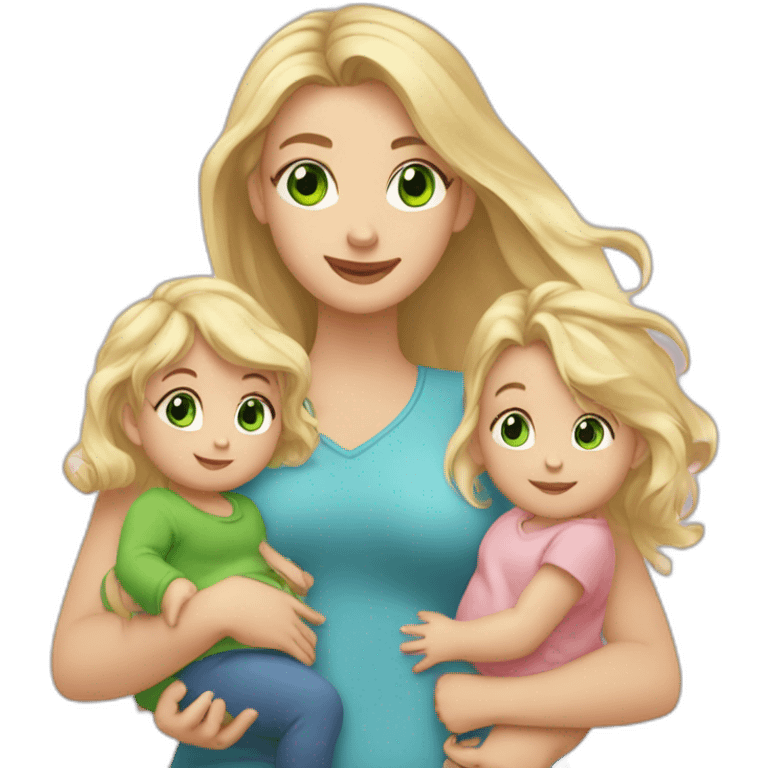 a girl with long blonde hair and green eyes, holding 1 little baby boy and 1 little baby girl, and a blonde toddler girl is standing nearby emoji