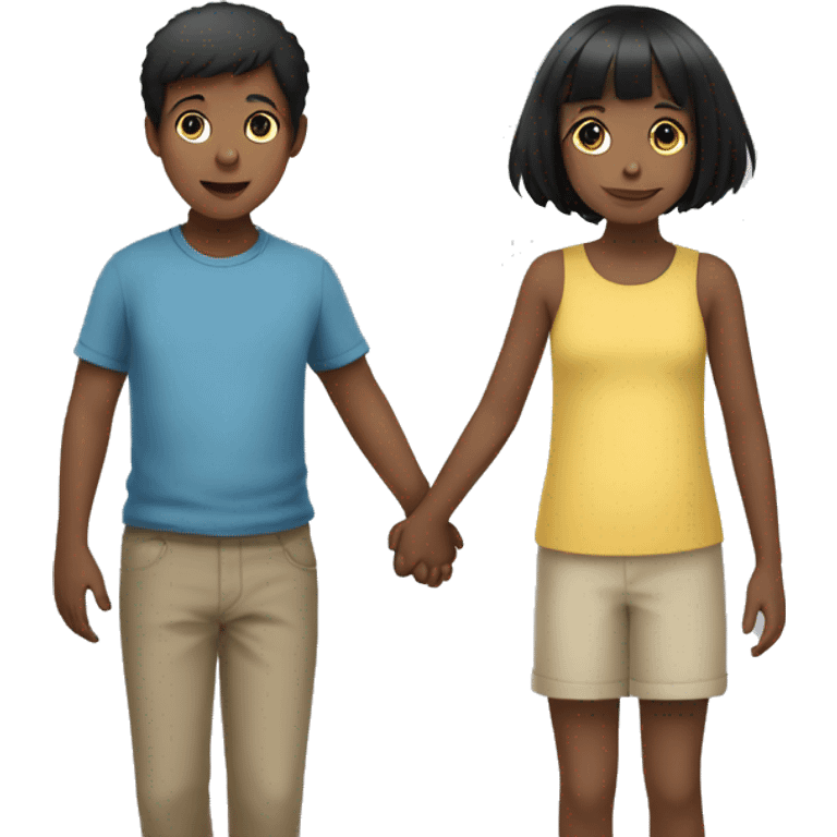 A short haired girl child holding hands with a black haired boy child emoji