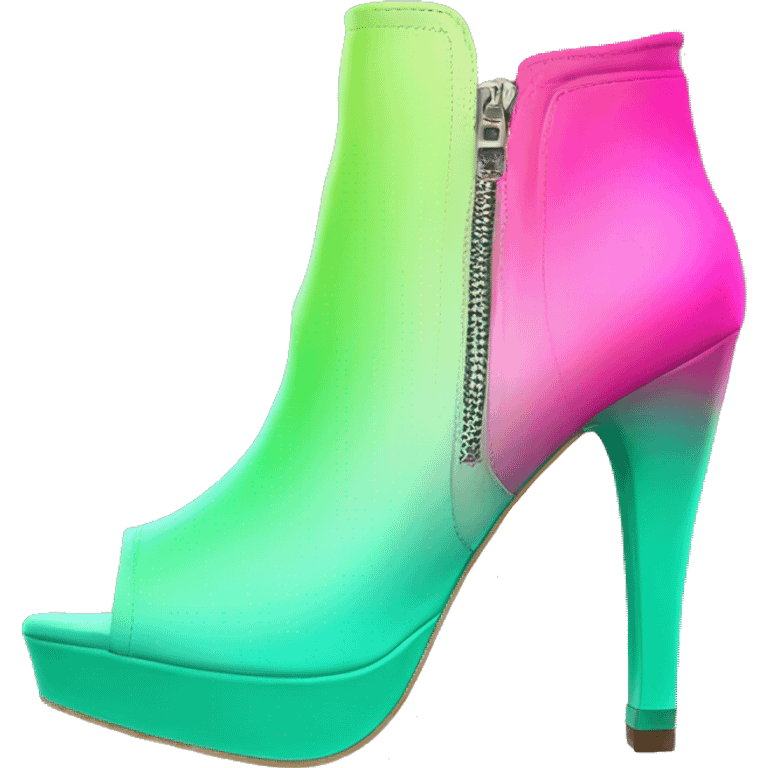 Realistic front facing pair of hot pink to mint green ombre high heel open toe ankle bootie boots.  emoji