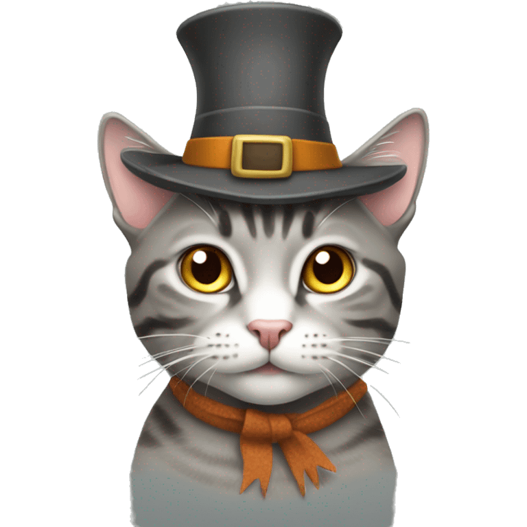 Gray tabby cat wearing a Thanksgiving hat emoji