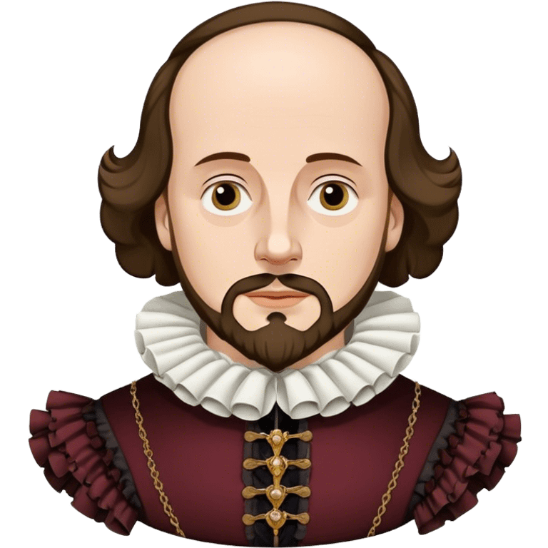 Cinematic Realistic portrait of William Shakespeare, depicted as an iconic playwright in richly detailed Elizabethan attire with a ruffled collar, expressive eyes, and a thoughtful gaze, bathed in dramatic historical lighting that evokes the Bard’s timeless legacy emoji