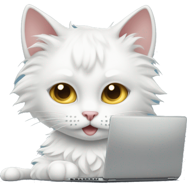 White curly cat sits next to laptop. She looks like working, but her face expression is puzzled, as she doesn’t understand what she has to do  emoji