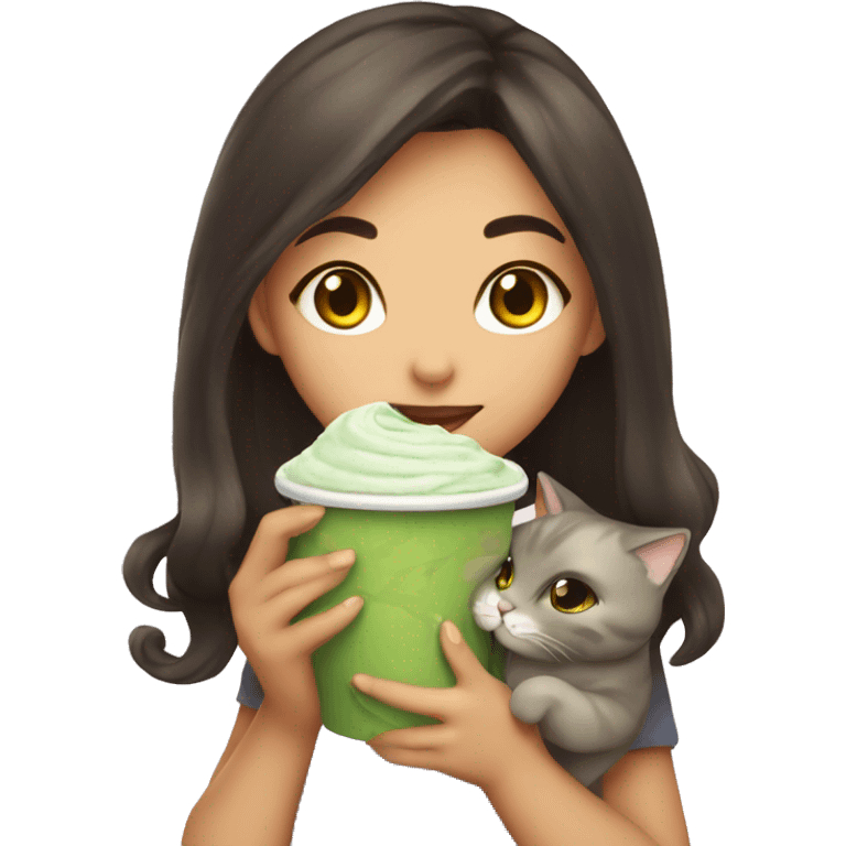 Cute girl holding a cat and cup of iced matcha  emoji