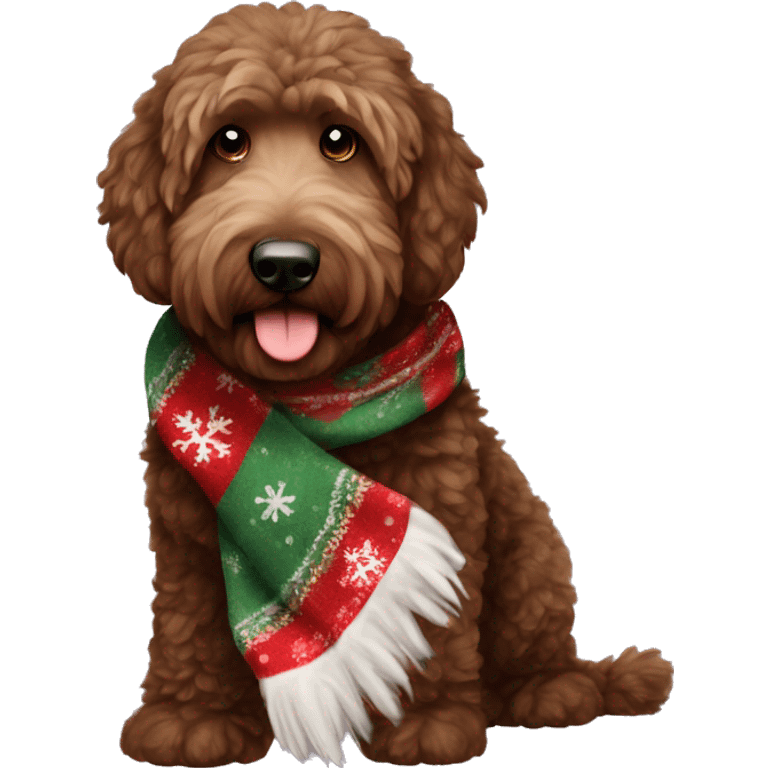 Very dark brown golden doodle with long fur earring a Christmas scarf emoji