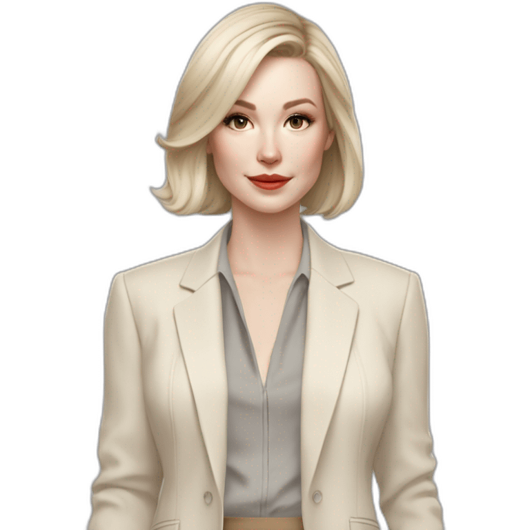 pale skin woman with ash blonde Straightened bob Hair, White Spacious classical jacket, beige palazzo Arrow pants and gray blouse holding a color palettes in the hands emoji