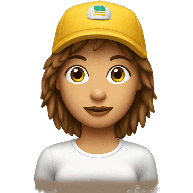 Chica con pelo castaño y flequillo con gorra emoji