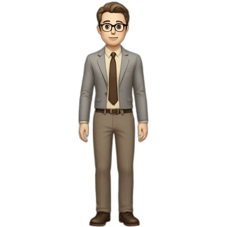 Full height Gesticulating Pale skinned fit man with dark brown hair in gray jacket, beige office shirt, brown tie, brown pants and vintage glasses. emoji