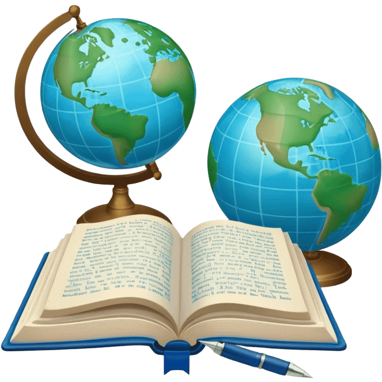 Create an emoji representing language translation. The design should feature just one globe in the background, symbolizing international communication. In front of the globe, place two opened books with texts on them and a pen nearby to indicate the act of writing. Use a clean and professional color palette with blues, greens, and neutral tones. Make the background transparent. emoji