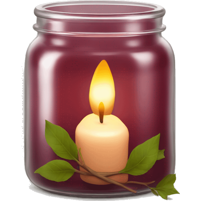  maroon candle in open glass jar with leaves  emoji