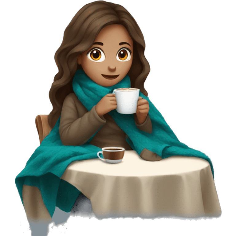 Brown hair Girl drinking coffee, with a cozy blanket emoji