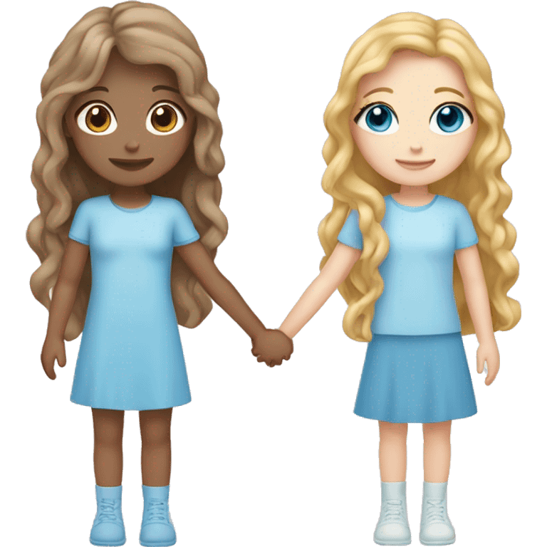 two girls holding hands. one girl has brown curly long hair and she is wearing pastel blue. the second girl has long straight blonde hair and is wearing pastel pink. they both have blue eyes and pale skin emoji