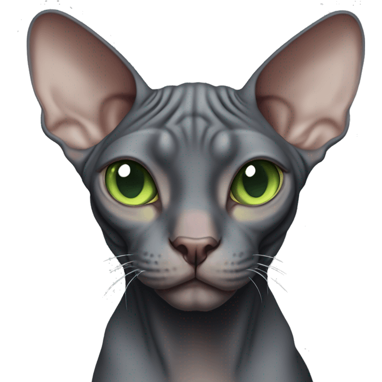 Dark gray sphynx cat with green eyes low squinting  emoji