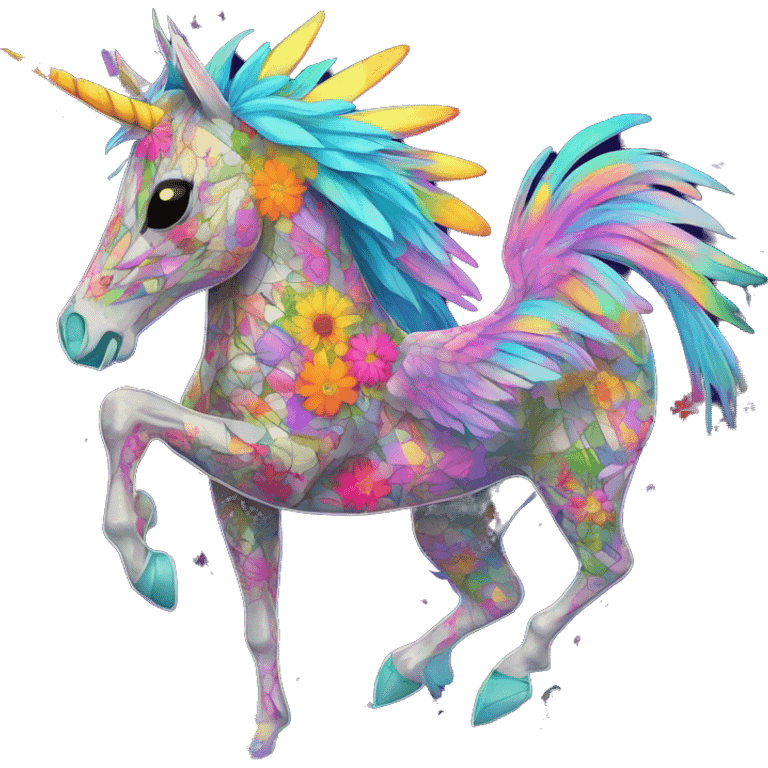 Trippy patchwork Zombie Pegasus unicorn psychedelic flowers floral groovy art neon rave raving emoji