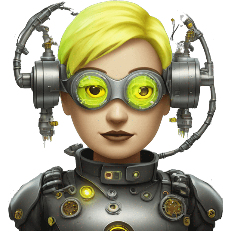 Fat Caucasian female cyborg head with Neon yellow bobbed hair, silver steampunk goggles and circuits emoji