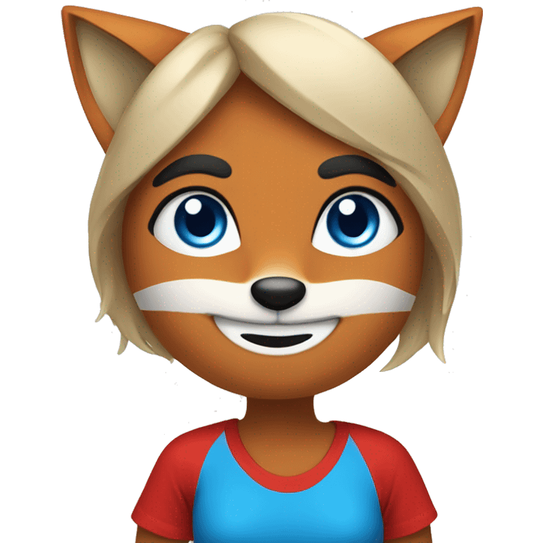 fox woman with blue eyes and red t-shirt says hello emoji