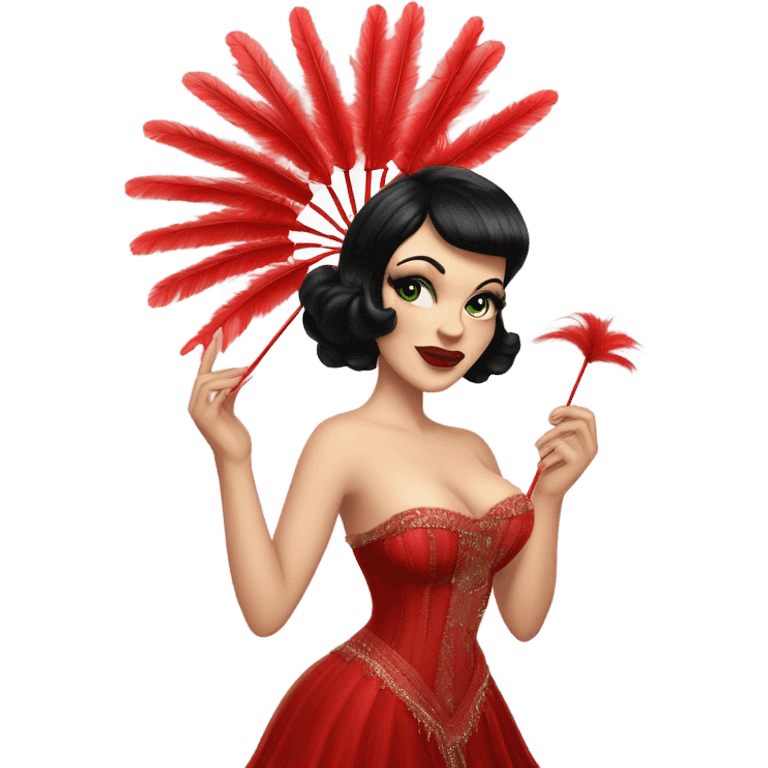 Burlesque dancer with black hair, pale skin, and green eyes in a red vintage costume holding red feather fans emoji