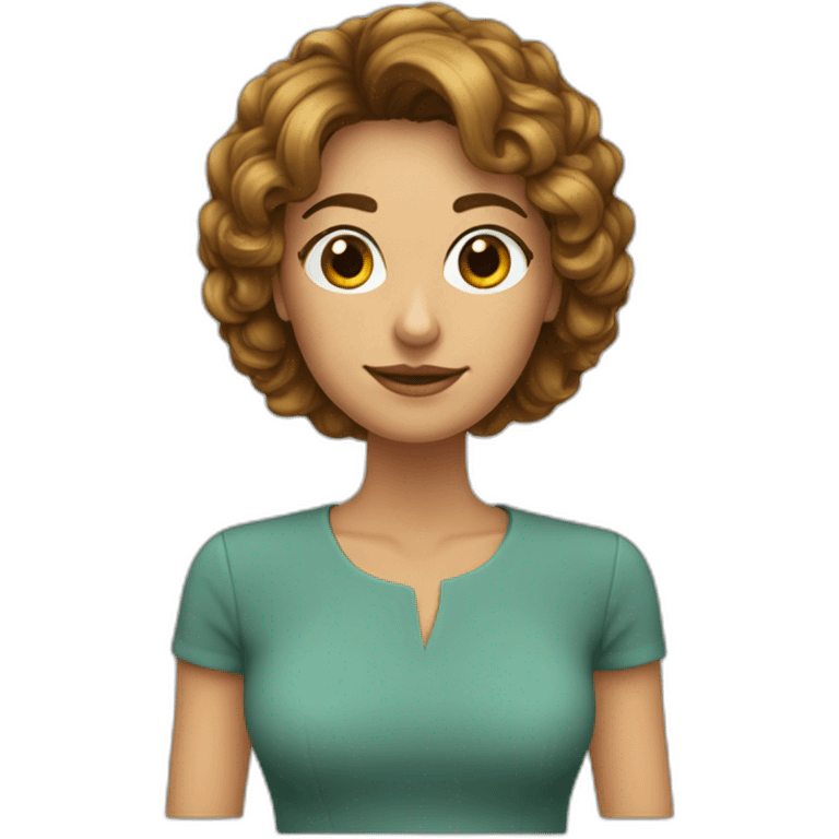 Mujer, 35 años, pelo castaño, corto por los hombros, flequillo cortina emoji