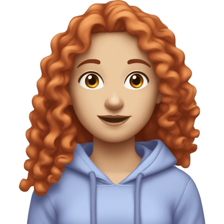 a white girl with long red curly hair, wearing a pastel periwinkle hoodie doing a pose emoji