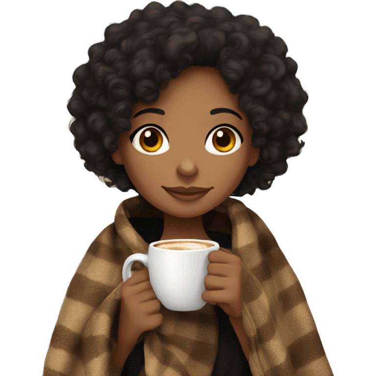 Light brown skin black curly hair Girl drinking coffee, with a cozy blanket emoji