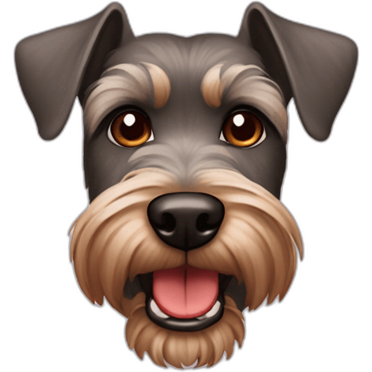 Brown schnauzer with a red nose and hazel eyes showing teeth emoji