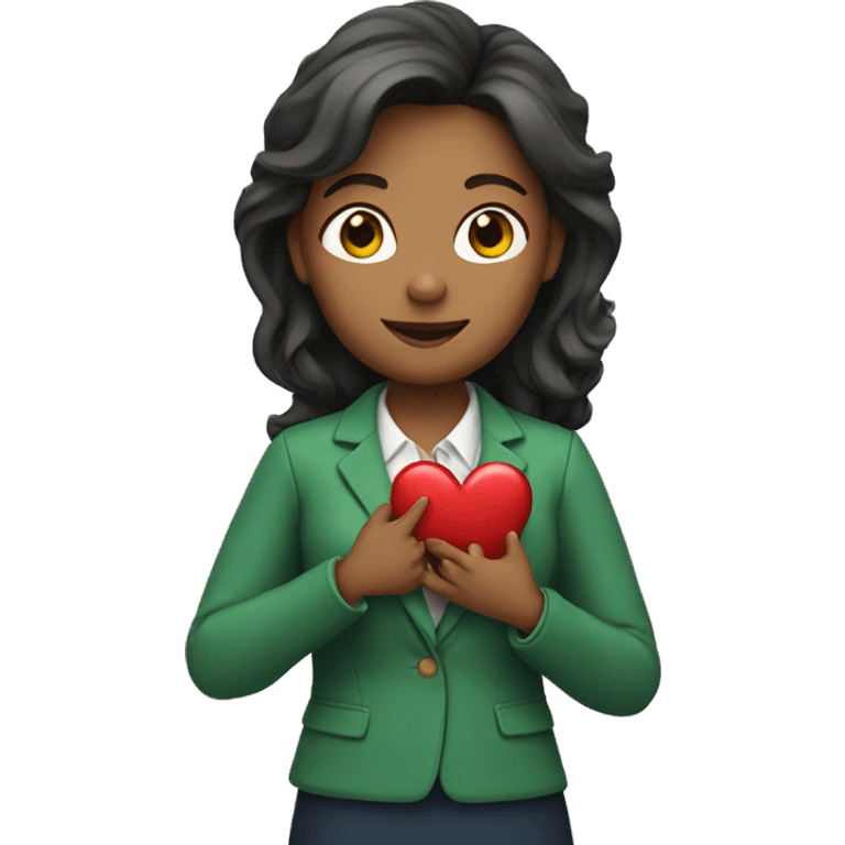 A female teacher in a green jacket holds a heart in her hands emoji